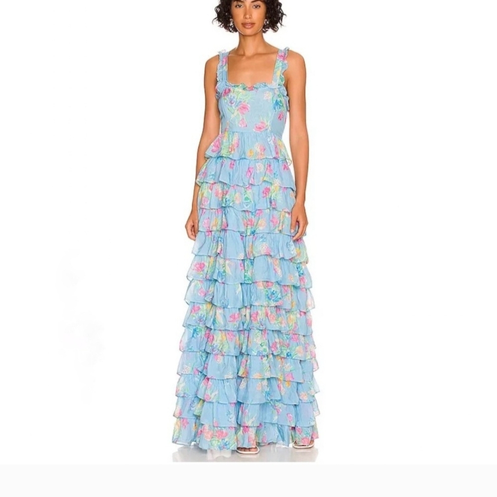 LoveShackFancy Blue Floral Ruffle Maxi Dress